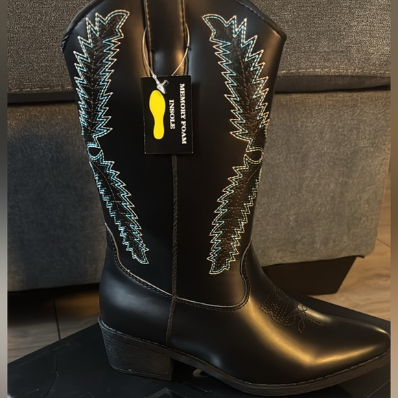 Fashion Nova Shoes - Fashion Nova Black Boots with Blue Embroidery